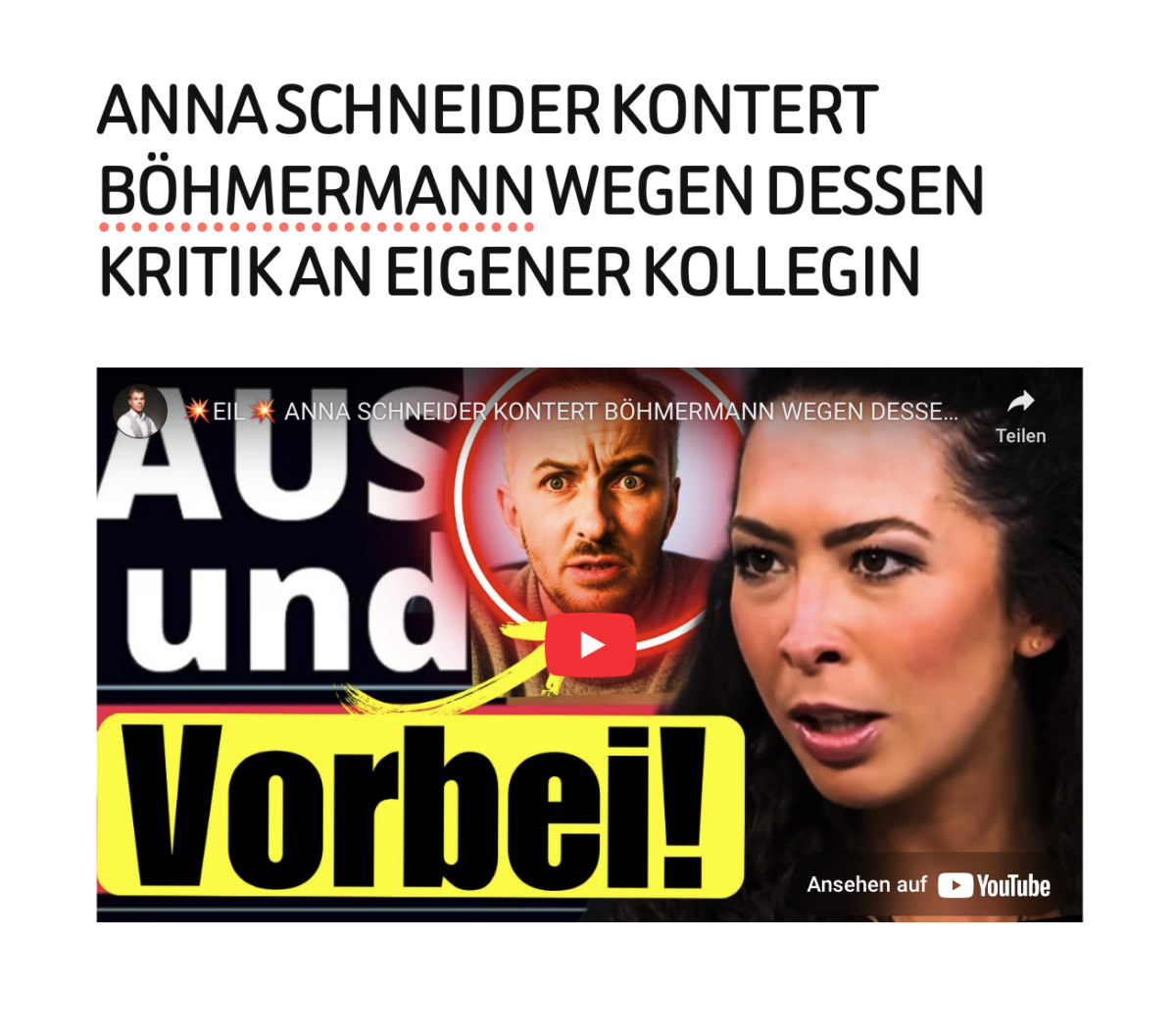 ANNA SCHNEIDER KONTERT BÖHMERMANN WEGEN DESSEN KRITIK AN EIGENER KOLLEGIN