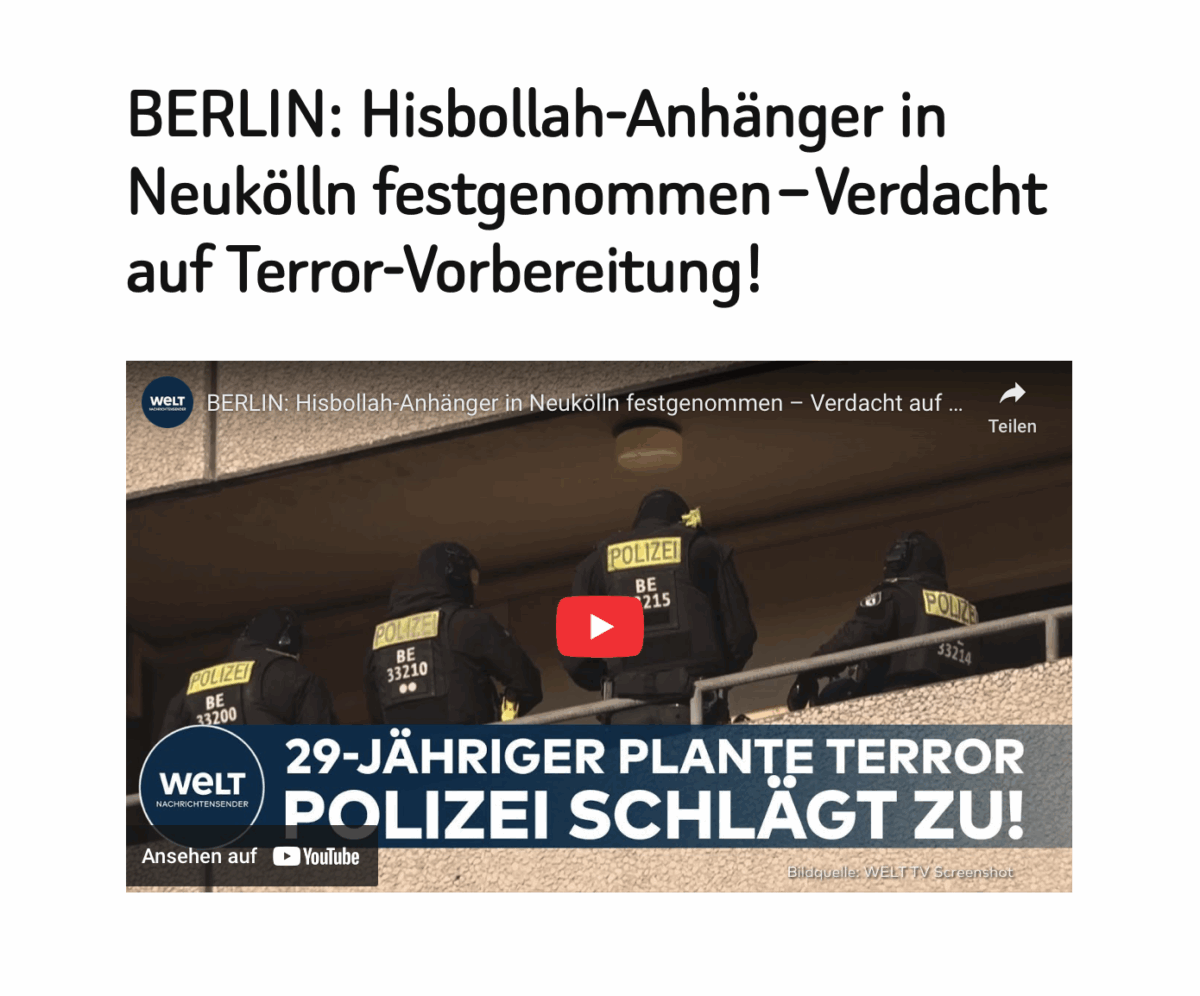 BERLIN:  Hisbollah-Anhänger  in Neukölln  festgenommen – Verdacht auf  Terror-Vorbereitung!