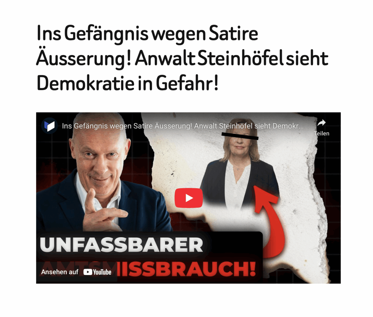 Ins Gefängnis wegen Satire Äusserung! Anwalt Steinhöfel sieht Demokratie in Gefahr!