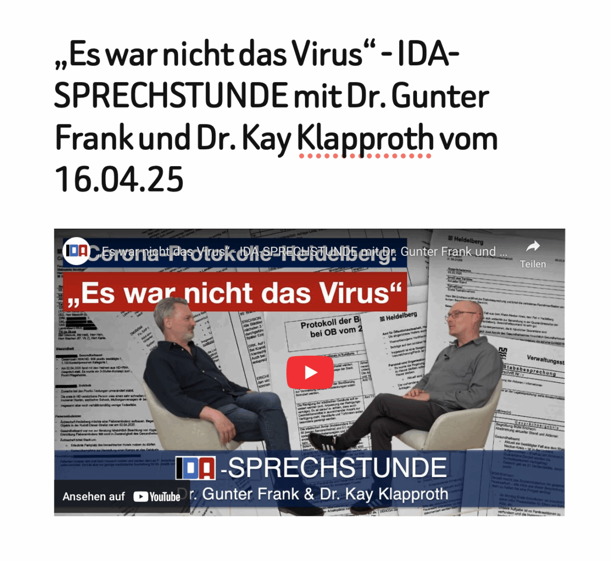 „Es war nicht das Virus“ – IDA-SPRECHSTUNDE mit Dr. Gunter Frank und Dr. Kay Klapproth vom 16.04.25