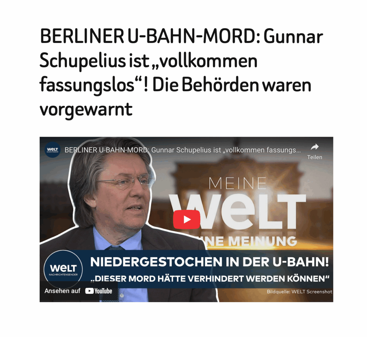 BERLINER U-BAHN-MORD: Gunnar Schupelius ist „vollkommen fassungslos“! Die Behörden waren vorgewarnt
