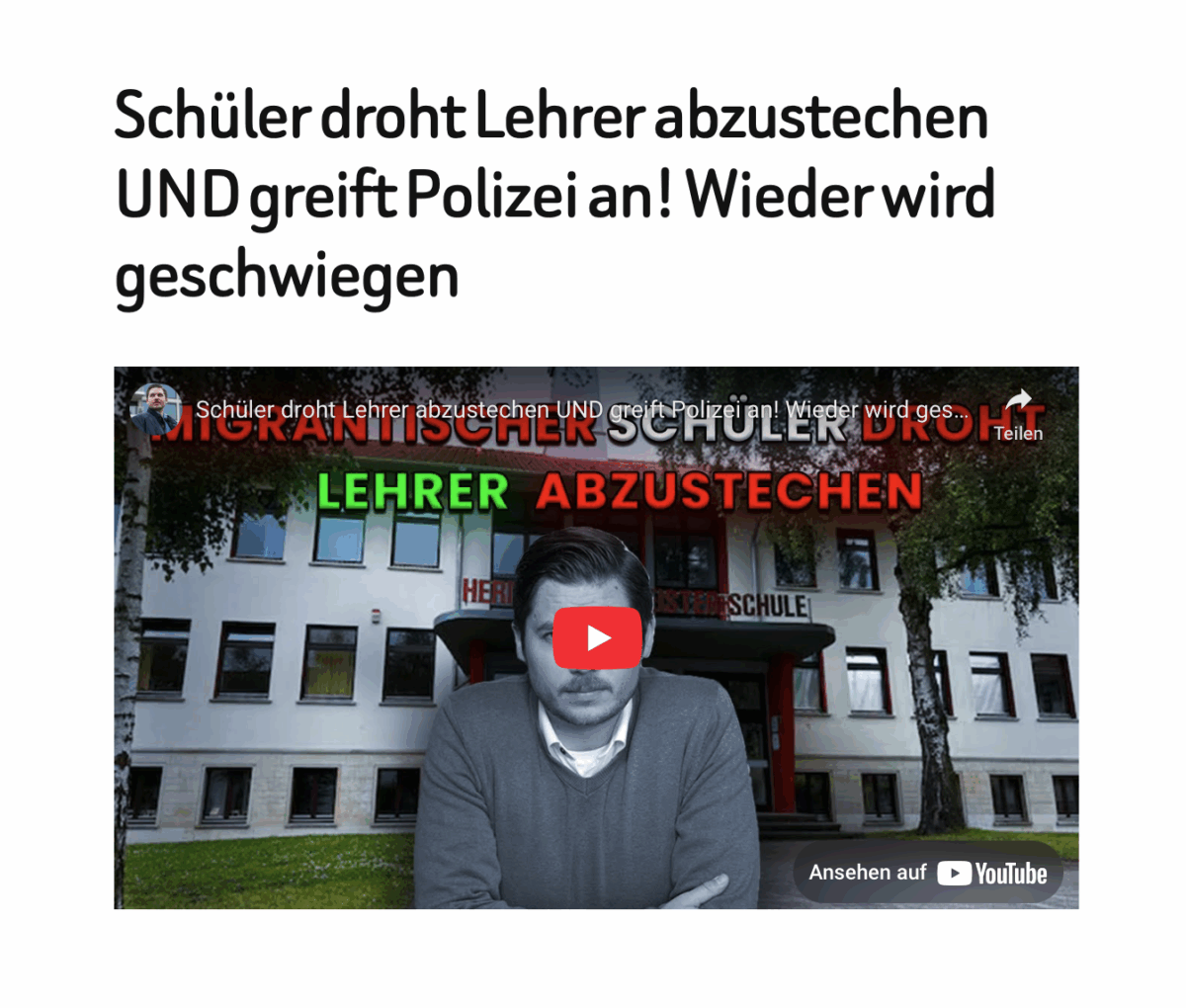 Schüler droht Lehrer abzustechen UND greift Polizei an! Wieder wird geschwiegen