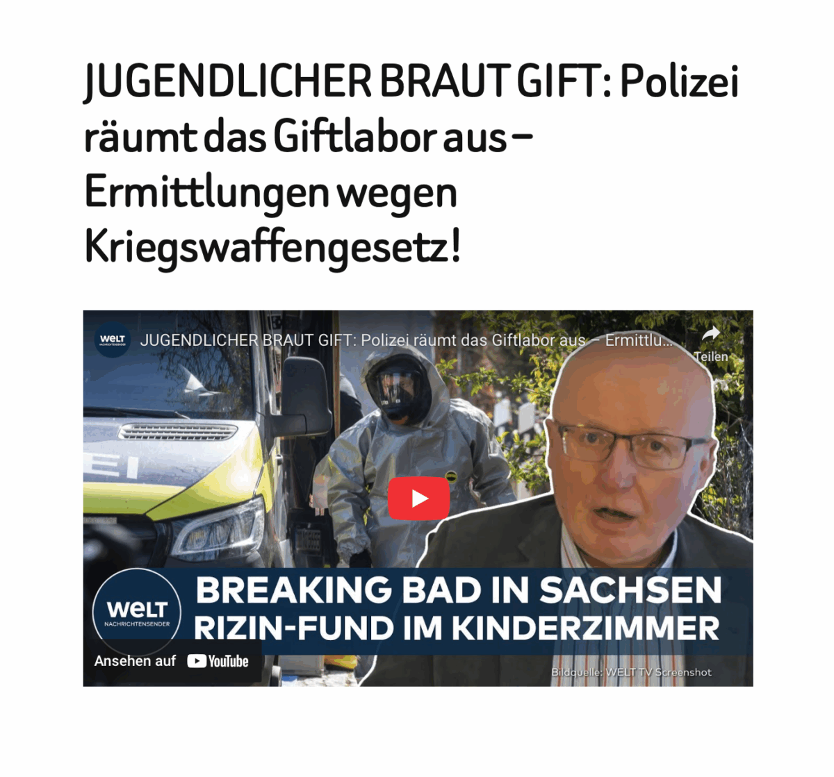JUGENDLICHER BRAUT GIFT: Polizei räumt das Giftlabor aus – Ermittlungen wegen Kriegswaffengesetz!