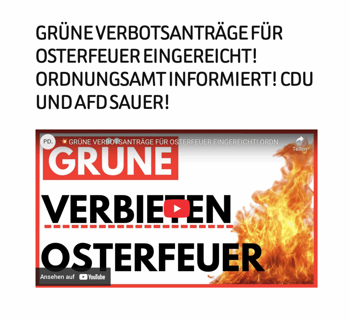 GRÜNE VERBOTSANTRÄGE FÜR OSTERFEUER EINGEREICHT! ORDNUNGSAMT INFORMIERT! CDU UND AFD SAUER!