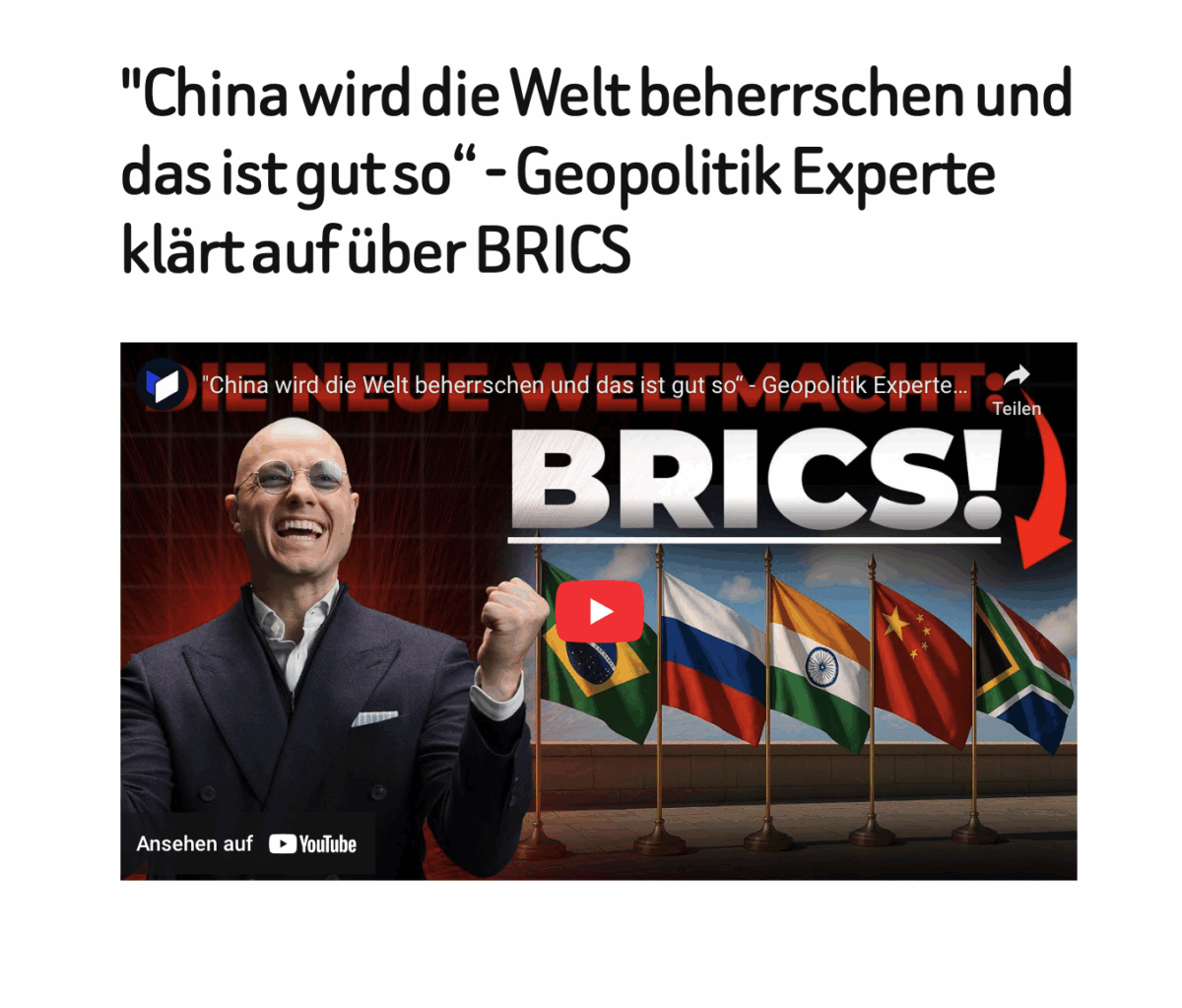 „China wird die Welt beherrschen und das ist gut so“ – Geopolitik Experte klärt auf über BRICS