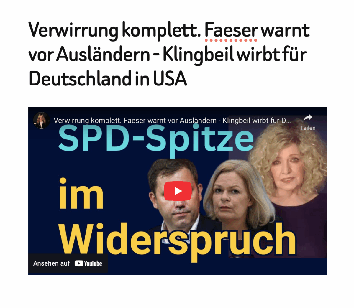 Verwirrung komplett. Faeser warnt vor Ausländern – Klingbeil wirbt für Deutschland in USA