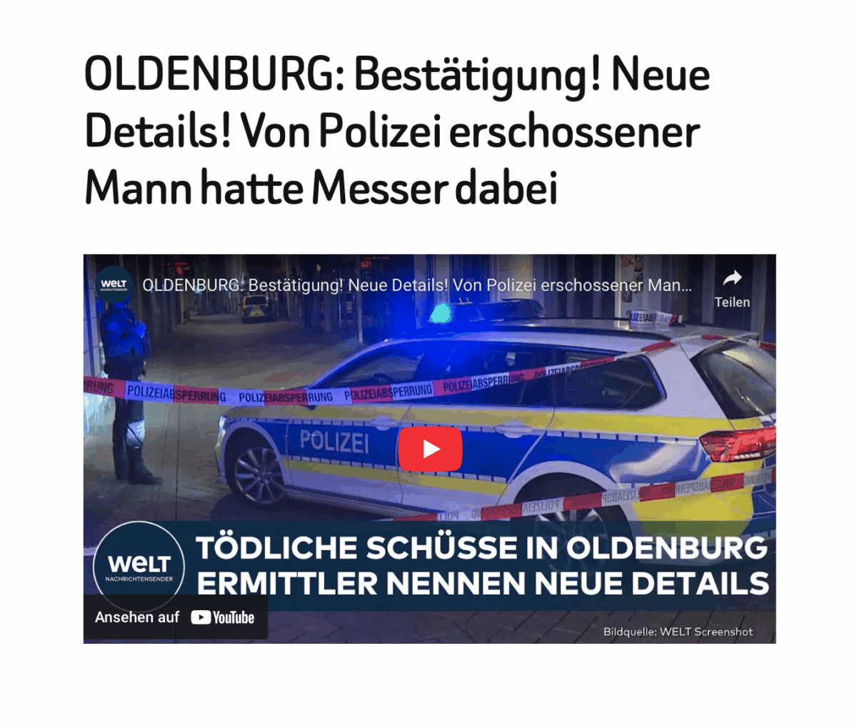 OLDENBURG: Bestätigung! Neue Details! Von Polizei erschossener Mann hatte Messer dabei