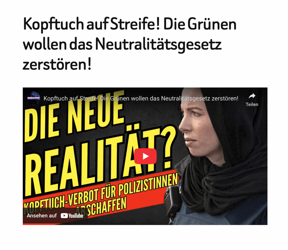 Kopftuch auf Streife! Die Grünen wollen das Neutralitätsgesetz zerstören!
