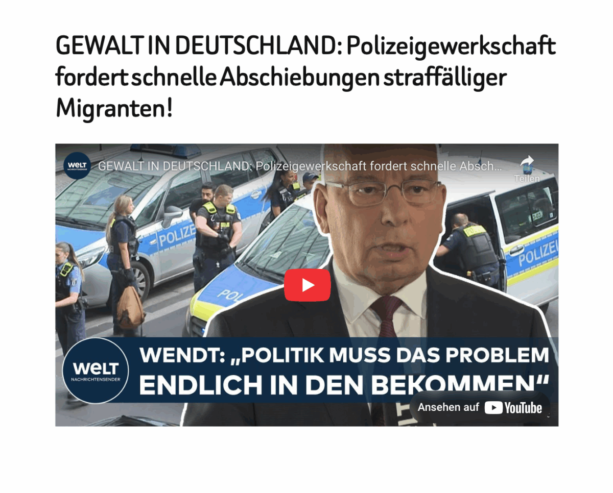 GEWALT IN DEUTSCHLAND: Polizeigewerkschaft fordert schnelle Abschiebungen straffälliger Migranten!