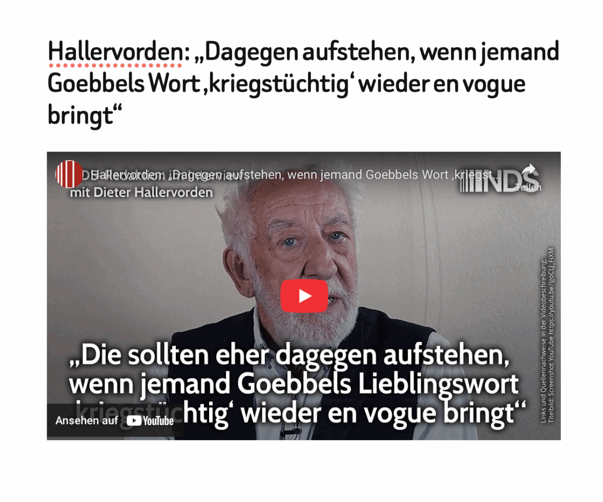 Hallervorden: „Dagegen aufstehen, wenn jemand Goebbels Wort ‚kriegstüchtig‘ wieder en vogue bringt“