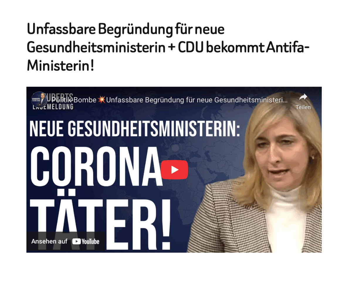 Unfassbare Begründung für neue Gesundheitsministerin + CDU bekommt Antifa-Ministerin!