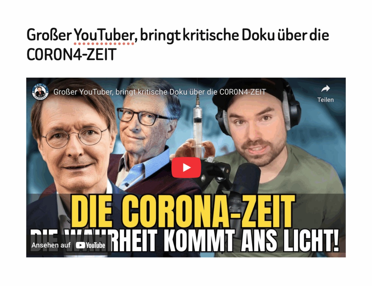 Großer YouTuber, bringt kritische Doku über die C0R0N4-ZEIT