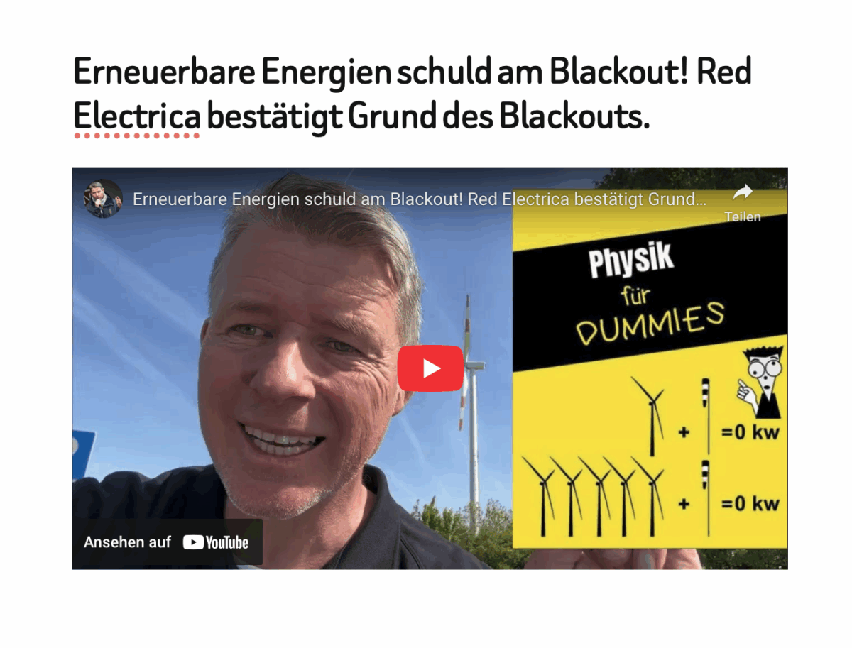 Erneuerbare Energien schuld am Blackout! Red Electrica bestätigt Grund des Blackouts.