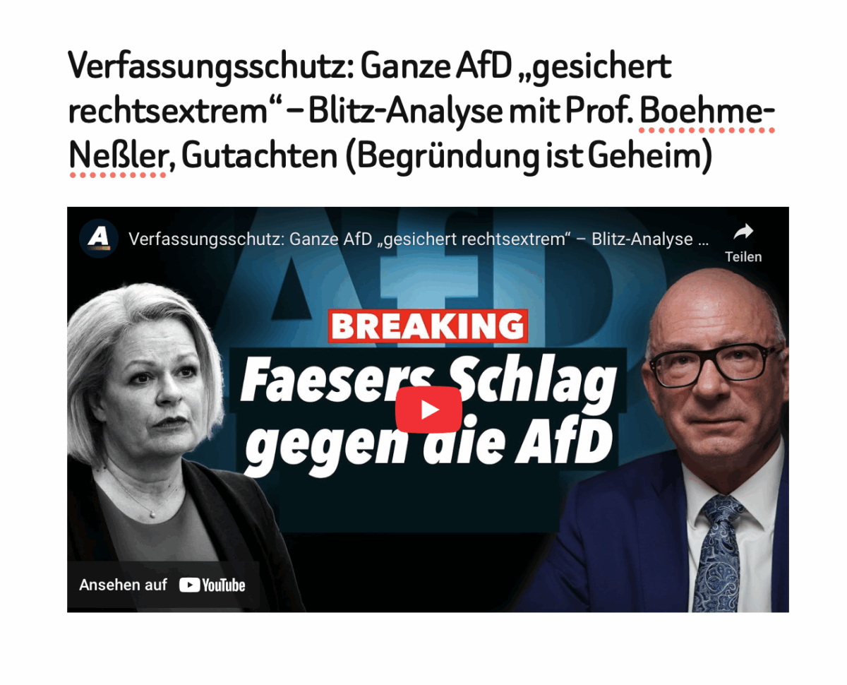 Verfassungsschutz: Ganze AfD „gesichert rechtsextrem“ – Blitz-Analyse mit Prof. Boehme-Neßler, Gutachten (Begründung ist Geheim)