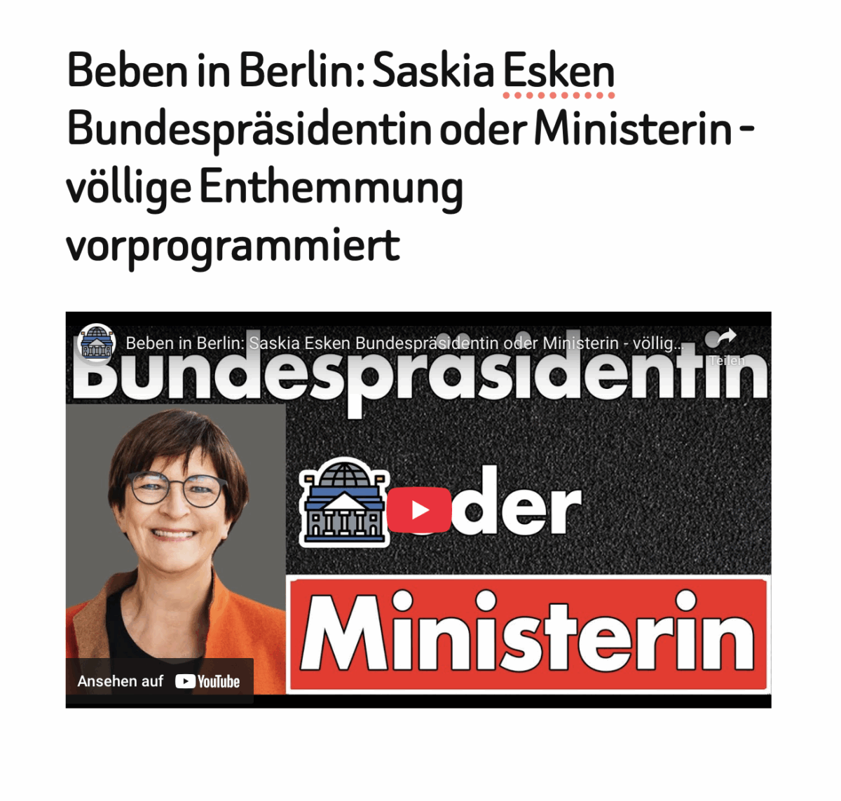 Beben in Berlin: Saskia Esken Bundespräsidentin oder Ministerin – völlige Enthemmung vorprogrammiert
