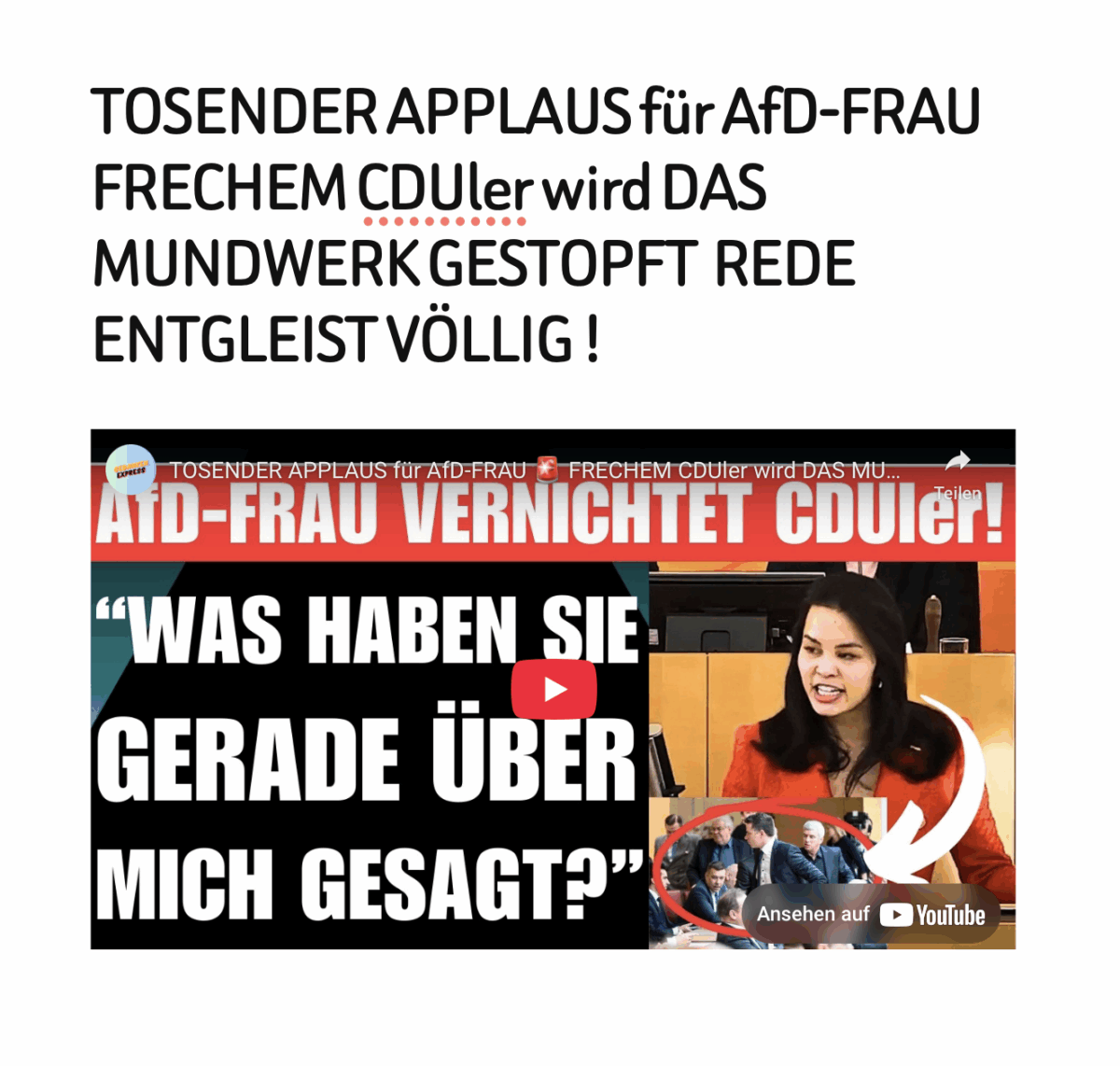 TOSENDER APPLAUS für AfD-FRAU  FRECHEM CDUler wird DAS MUNDWERK GESTOPFT  REDE ENTGLEIST VÖLLIG !