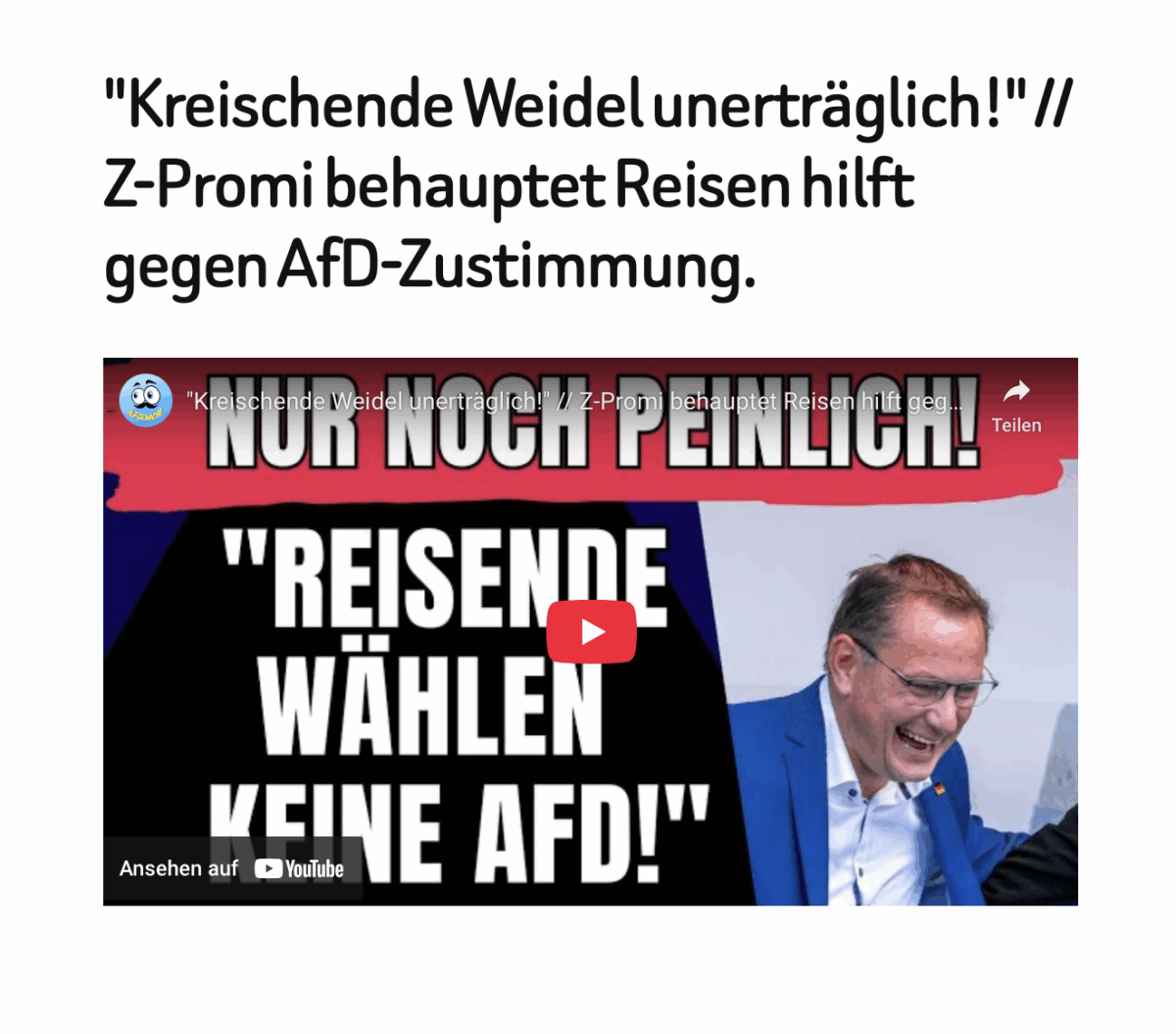 „Kreischende Weidel unerträglich!“ // Z-Promi behauptet Reisen hilft gegen AfD-Zustimmung.