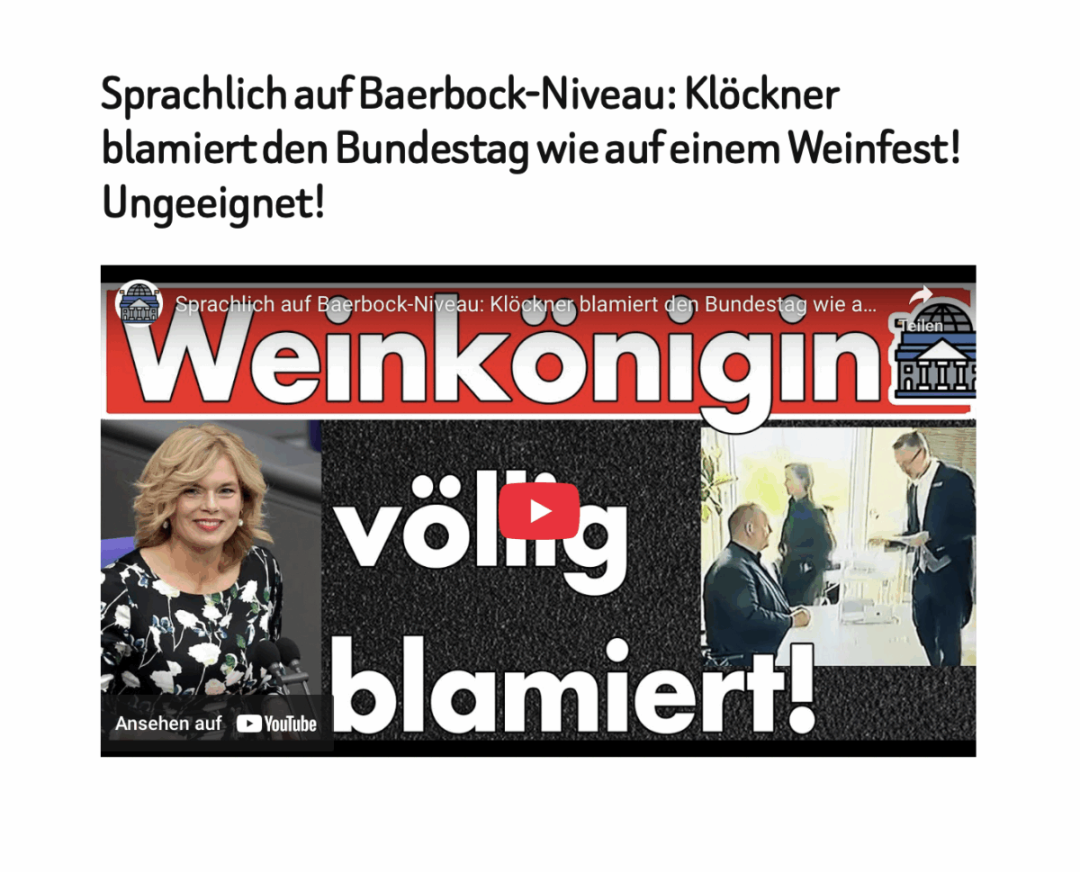 Sprachlich auf Baerbock-Niveau: Klöckner blamiert den Bundestag wie auf einem Weinfest! Ungeeignet!