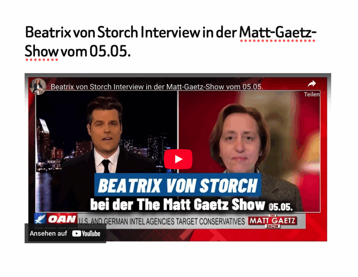 Beatrix von Storch Interview in der Matt-Gaetz-Show vom 05.05.