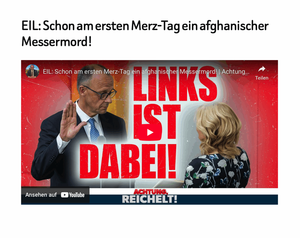 EIL: Schon am ersten Merz-Tag ein afghanischer Messermord! 