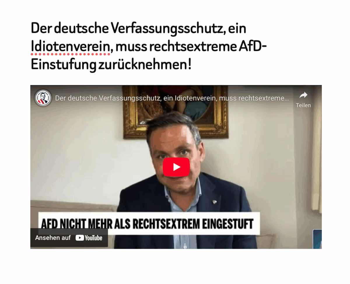 Der deutsche Verfassungsschutz, ein Idiotenverein, muss rechtsextreme AfD-Einstufung zurücknehmen!