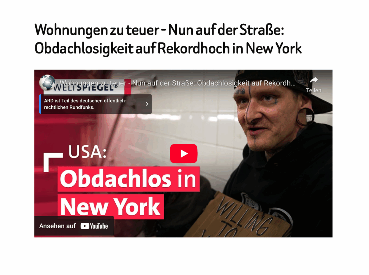 Wohnungen zu teuer – Nun auf der Straße: Obdachlosigkeit auf Rekordhoch in New York