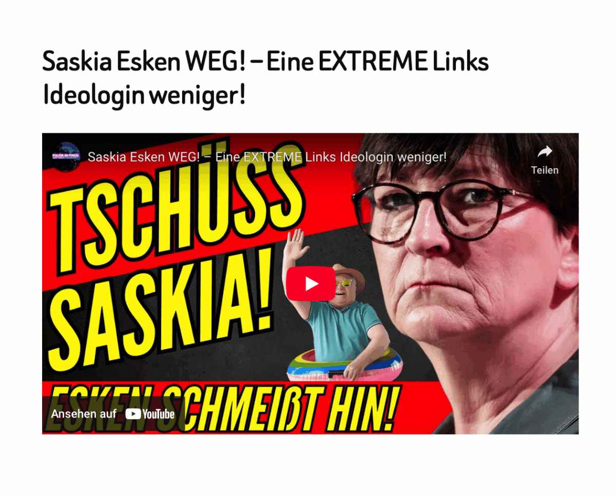 Saskia Esken WEG! – Eine EXTREME Links Ideologin weniger!