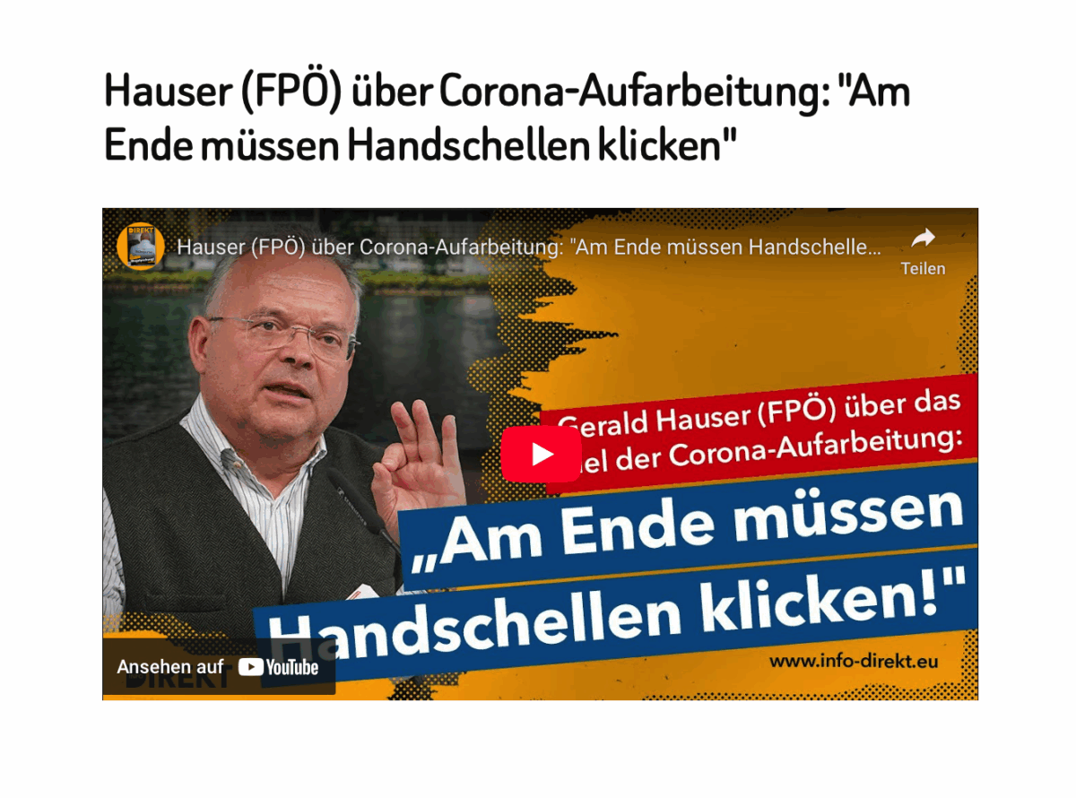 Hauser (FPÖ) über Corona-Aufarbeitung: „Am Ende müssen Handschellen klicken“