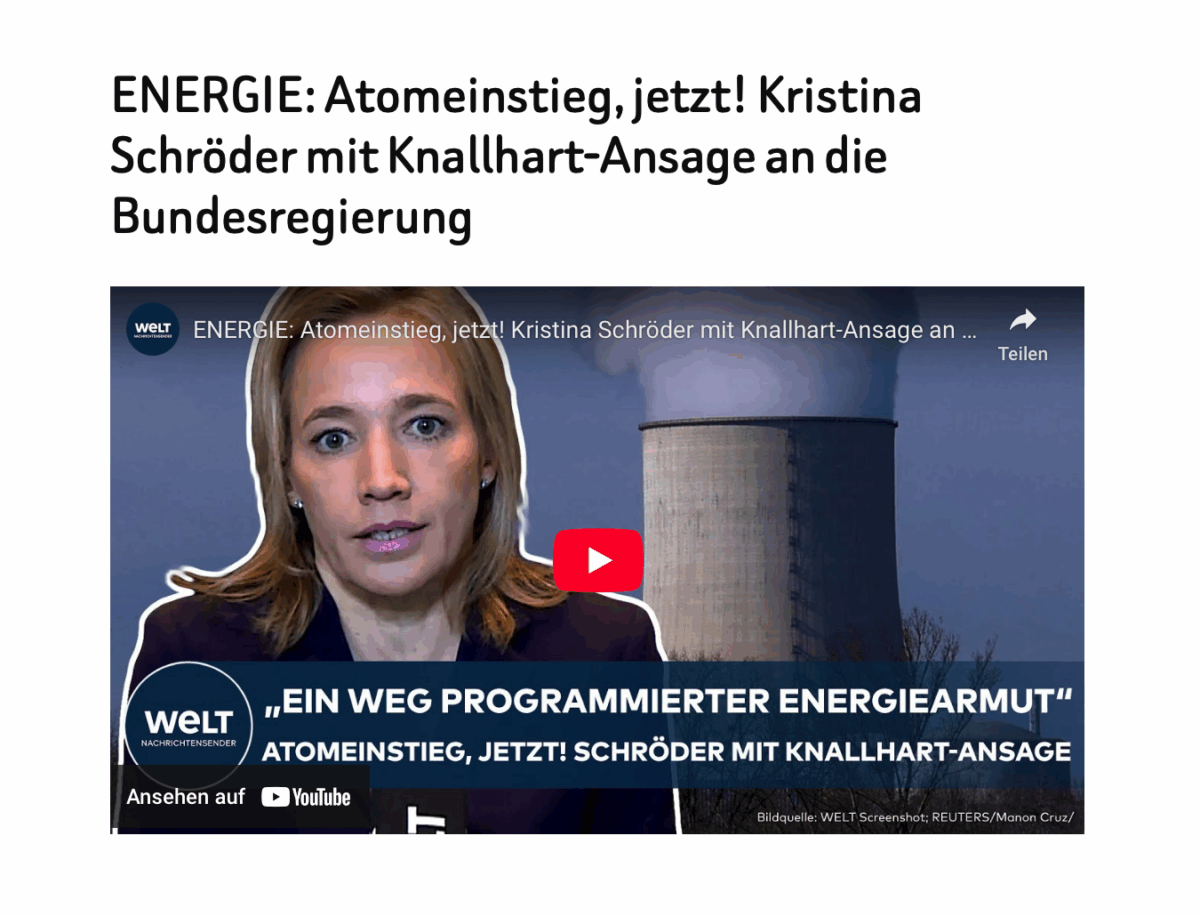 ENERGIE: Atomeinstieg, jetzt! Kristina Schröder mit Knallhart-Ansage an die Bundesregierung