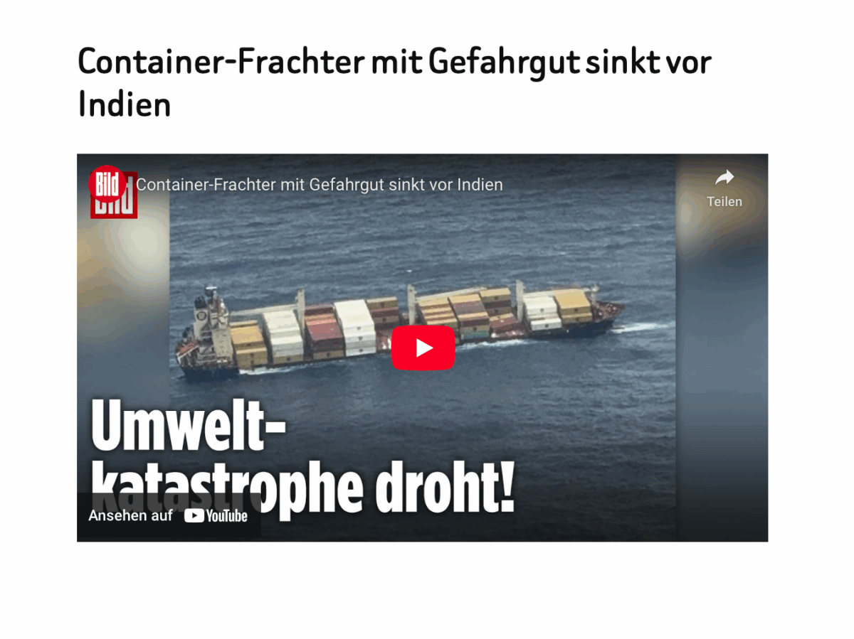 Container-Frachter mit Gefahrgut sinkt vor Indien