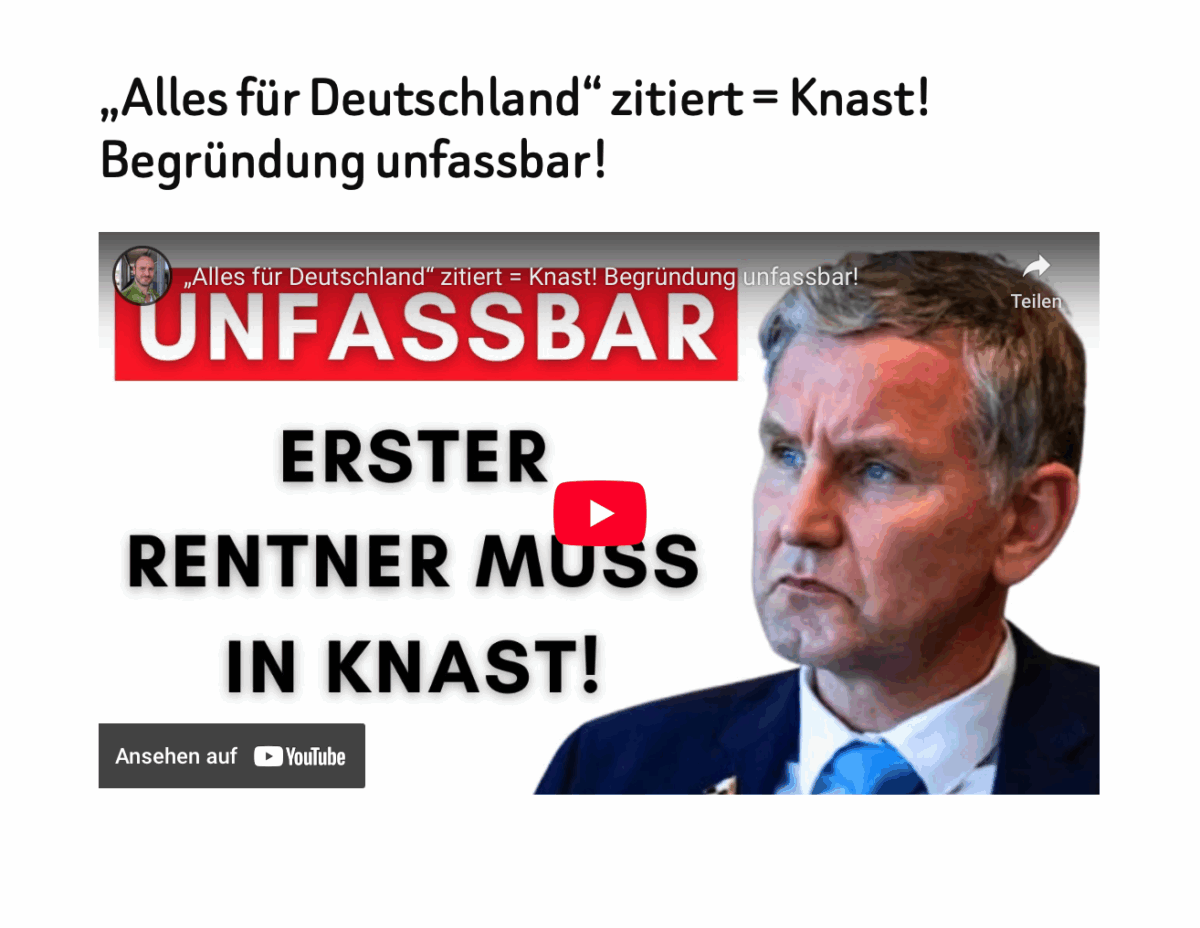 „Alles für Deutschland“ zitiert = Knast! Begründung unfassbar!