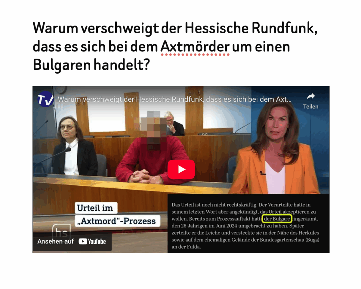 Warum verschweigt der Hessische Rundfunk, dass es sich bei dem Axtmörder um einen Bulgaren handelt?
