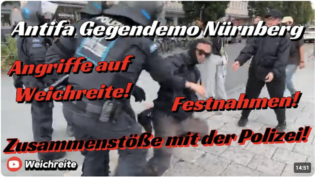 Angriffe auf Weichreite, Festnahmen, Zusammenstöße mit der Polizei Nürnberg Antifa Gegendemo 16.6.25