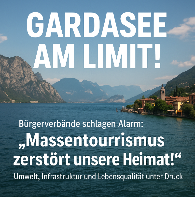 Erstelle ein Foto Quadratisch mit dem Gardasee und dem Text: GARDASEE AM LIMIT!