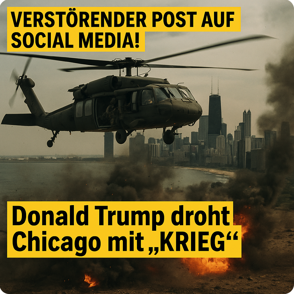 Erstelle ein Foto Quadratisch mit Hubschrauber im Krieg und chicago und einem Text in Farbe: VERSTÖRENDER POST AUF SOCIAL MEDIA!