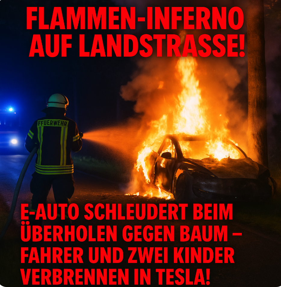 FLAMMEN-INFERNO AUF LANDSTRASSE! E-AUTO SCHLEUDERT BEIM ÜBERHOLEN GEGEN BAUM – FAHRER UND ZWEI KINDER VERBRENNEN IN TESLA!