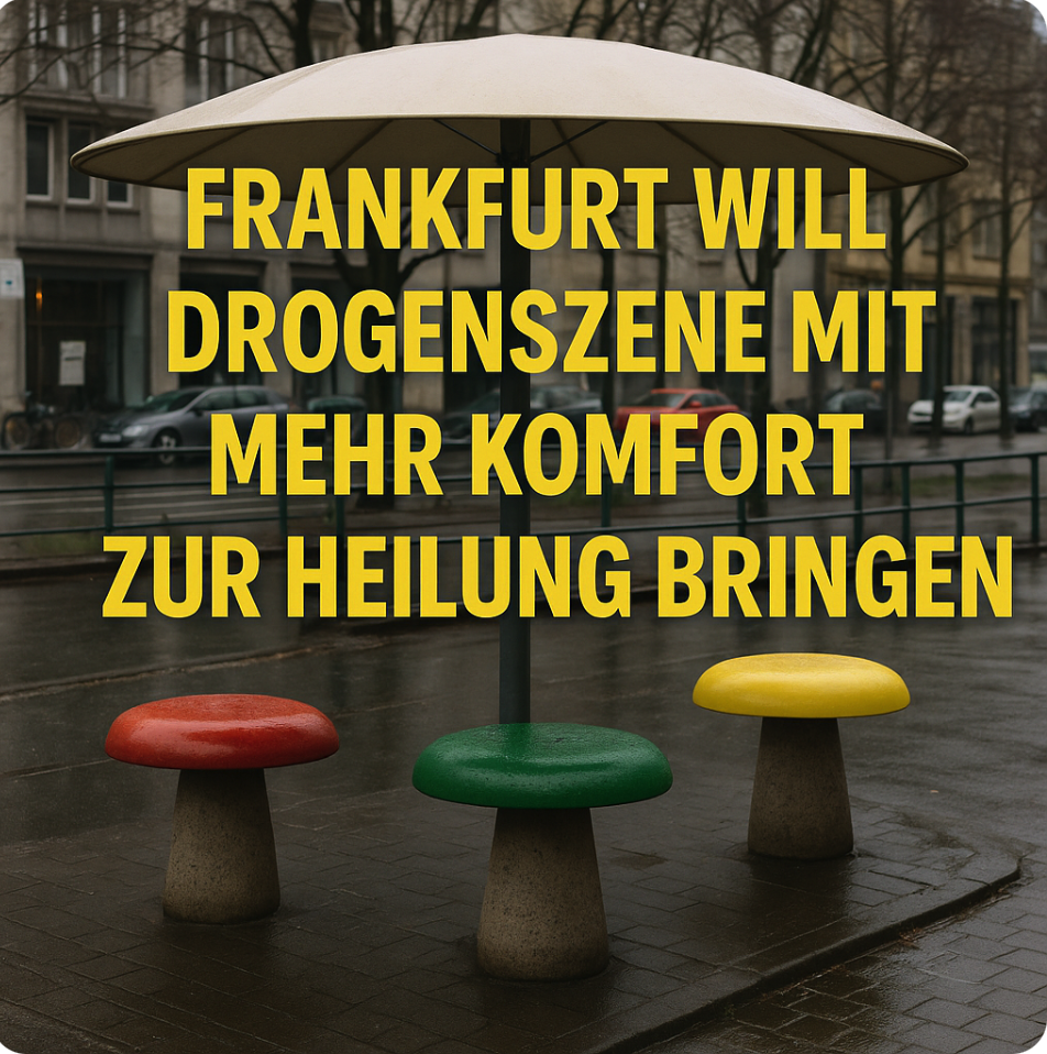 Regengeschützte Sitzpilze für Junkies!   FRANKFURT WILL DROGENSZENE MIT MEHR KOMFORT ZUR HEILUNG BRINGEN