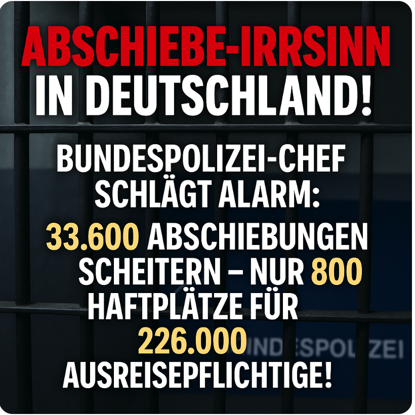 ABSCHIEBE-IRRSINN IN DEUTSCHLAND! BUNDESPOLIZEI-CHEF SCHLÄGT ALARM: 33.600 ABSCHIEBUNGEN SCHEITERN – NUR 800 HAFTPLÄTZE FÜR 226.000 AUSREISEPFLICHTIGE!
