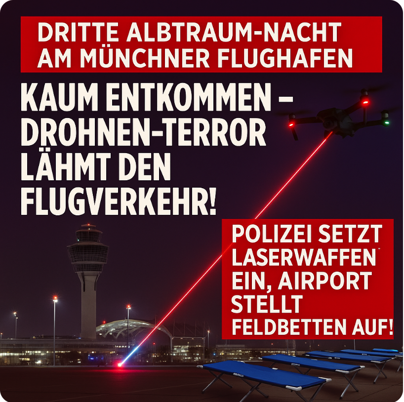DRITTEN ALBTRAUM-NACHT AM MÜNCHNER FLUGHAFEN KAUM ENTKOMMEN – DROHNEN-TERROR LÄHMT DEN FLUGVERKEHR! POLIZEI SETZT LASERWAFFEN EIN, AIRPORT STELLT FELDBETTEN AUF!