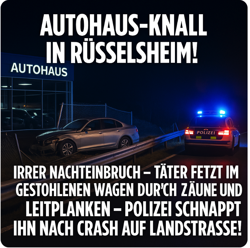 AUTOHAUS-KNALL IN RÜSSELSHEIM! IRRER NACHTEINBRUCH – TÄTER FETZT IM GESTOHLENEN WAGEN DURCH ZÄUNE UND LEITPLANKEN – POLIZEI SCHNAPPT IHN NACH CRASH AUF LANDSTRASSE!