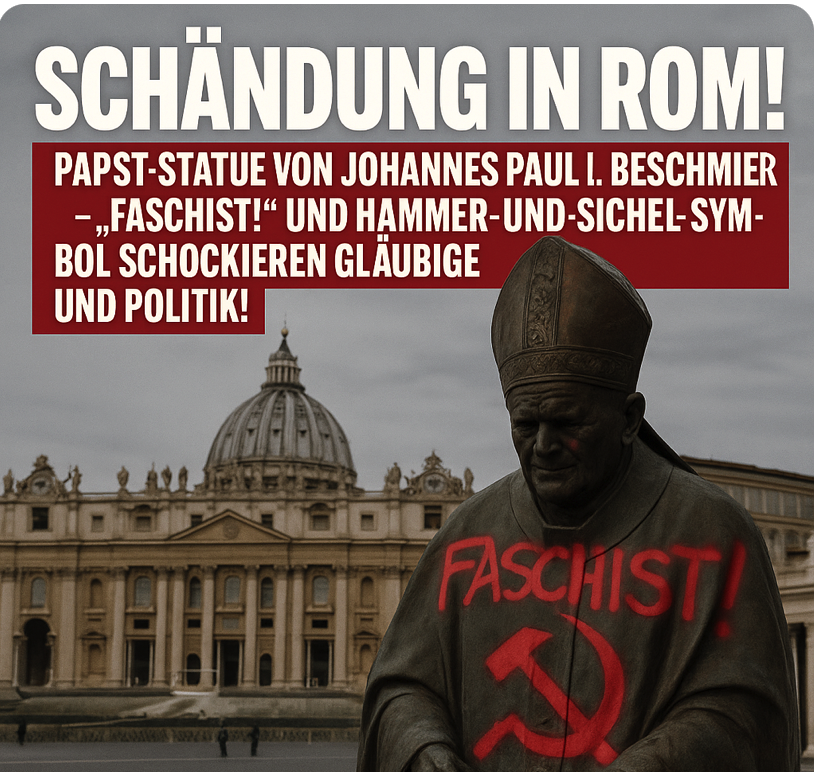 SCHÄNDUNG IN ROM! PAPST-STATUE VON JOHANNES PAUL II. BESCHMIERT – „FASCHIST!“ UND HAMMER-UND-SICHEL-SYMBOL SCHOCKIEREN GLÄUBIGE UND POLITIK!