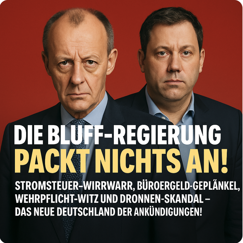 DIE BLUFF-REGIERUNG PACKT NICHTS AN! STROMSTEUER-WIRRWARR, BÜRGERGELD-GEPLÄNKEL, WEHRPFLICHT-WITZ UND DROHNEN-SKANDAL – DAS NEUE DEUTSCHLAND DER ANKÜNDIGUNGEN!