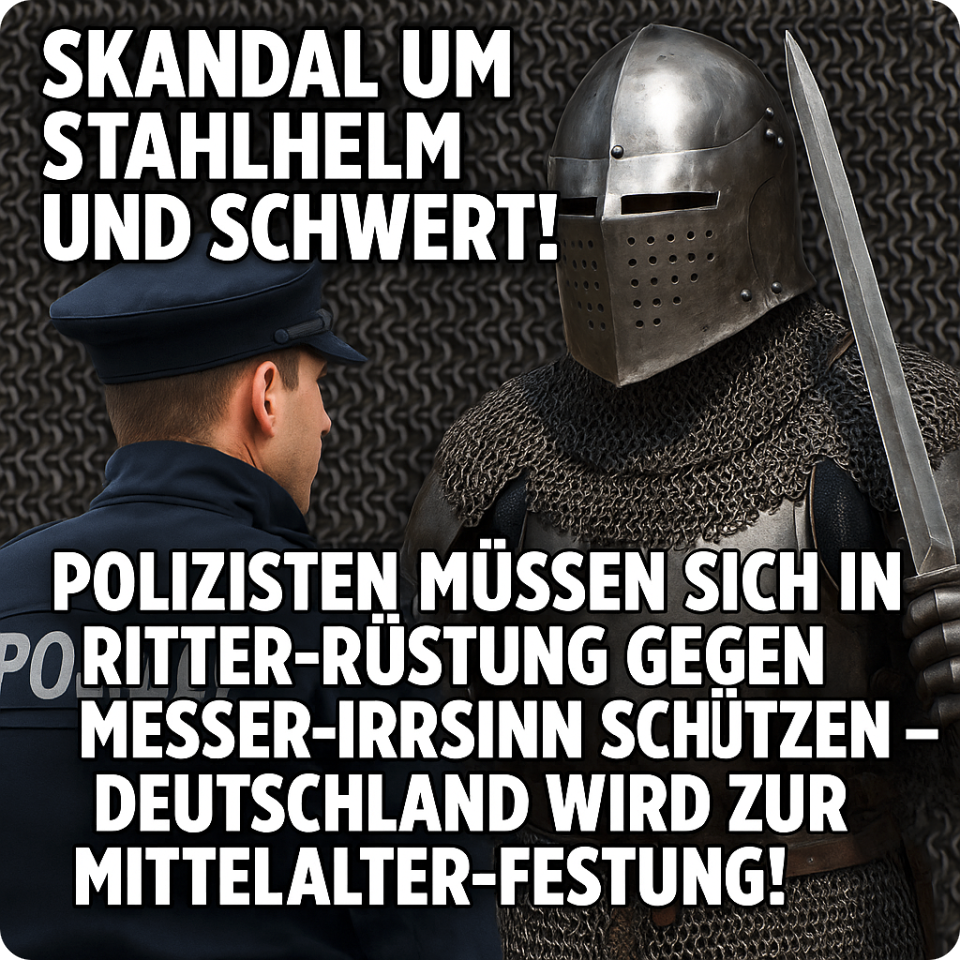 SKANDAL UM STAHLHELM UND SCHWERT! POLIZISTEN MÜSSEN SICH IN RITTERRÜSTUNG GEGEN MESSER-IRRSINN SCHÜTZEN – DEUTSCHLAND WIRD ZUR MITTELALTER-FESTUNG!
