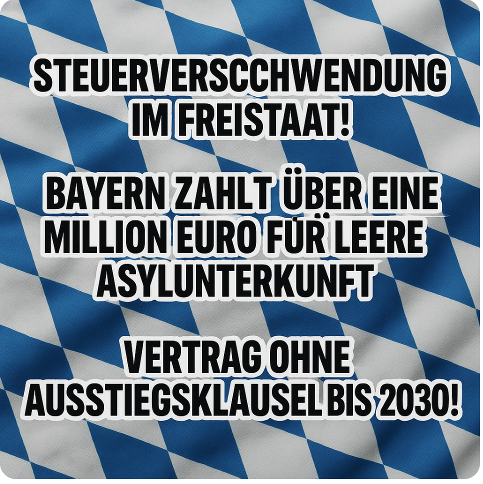 STEUERVERSCHWENDUNG IM FREISTAAT! – BAYERN ZAHLT ÜBER EINE MILLION EURO FÜR LEERE ASYLUNTERKUNFT – VERTRAG OHNE AUSSTIEGSKLAUSEL BIS 2030!