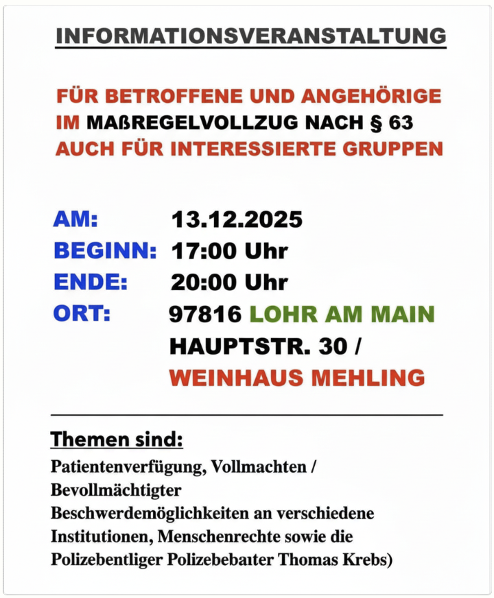 Pressemitteilung: Vom Psychiatrie-Skandal Thomas Krebs in Lohr am Main / Bayern!
