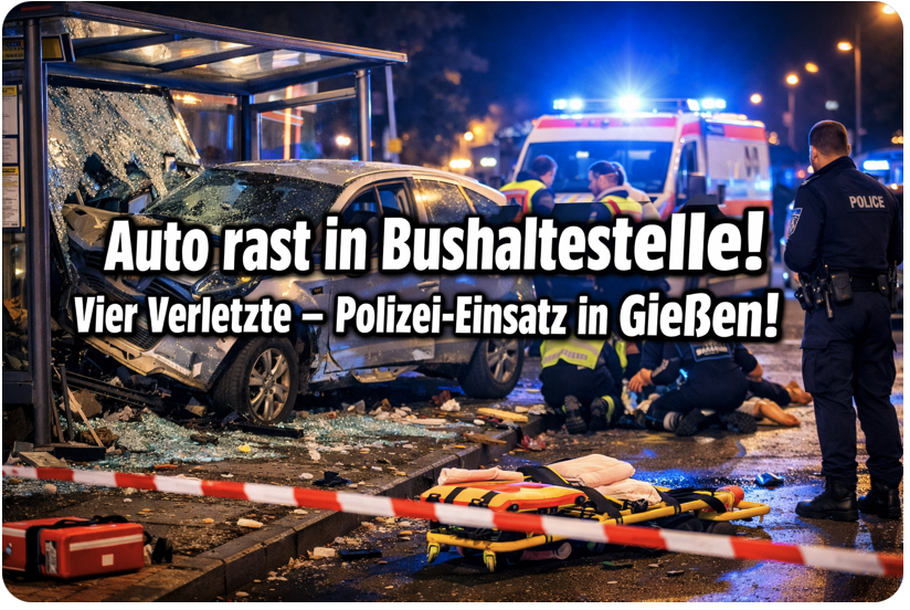 Auto rast in Bushaltestelle! Vier Verletzte – Polizei-Einsatz in Gießen!