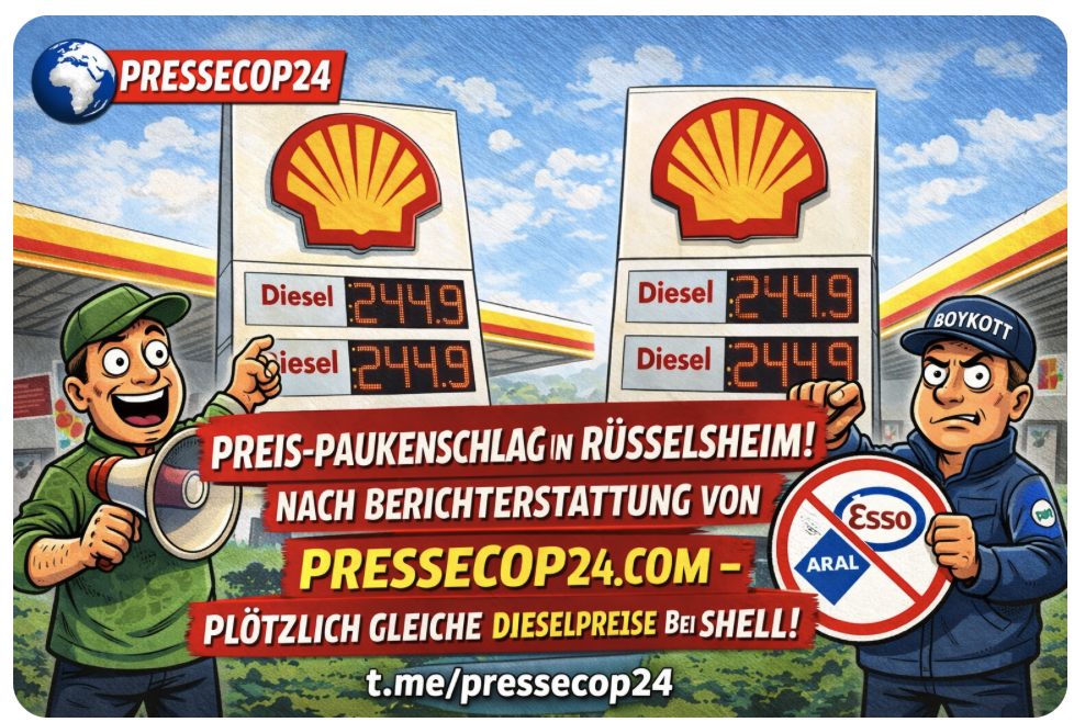 PREIS-PAUKENSCHLAG IN RÜSSELSHEIM! NACH BERICHTERSTATTUNG VON PRESSECOP24.COM  – PLÖTZLICH GLEICHE DIESELPREISE BEI SHELL!
