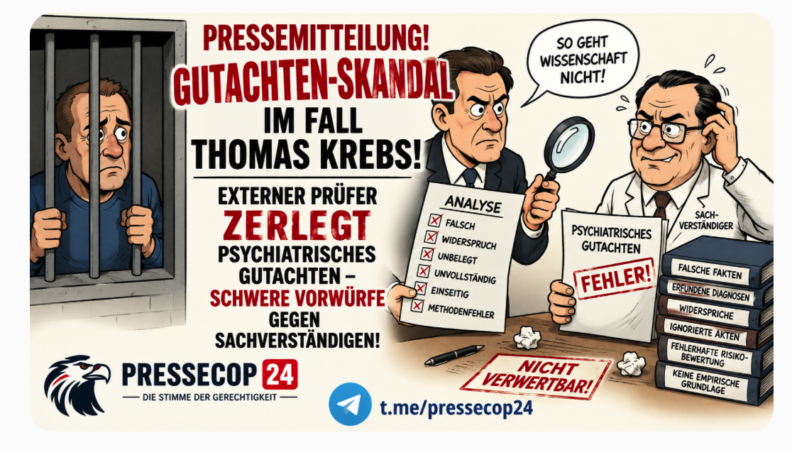 PRESSEMITTEILUNG!  GUTACHTEN-SKANDAL  IM  FALL  THOMAS KREBS!  EXTERNER  PRÜFER  ZERLEGT PSYCHIATRISCHES  GUTACHTEN – SCHWERE VORWÜRFE  GEGEN  SACHVERSTÄNDIGEN!