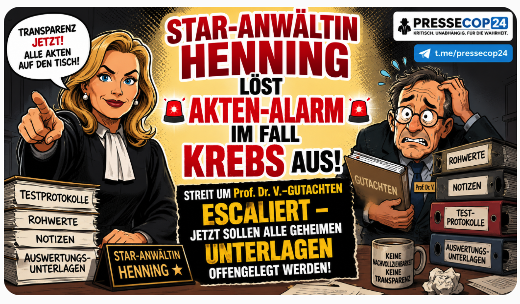 STAR-ANWÄLTIN HENNING LÖST AKTEN-ALARM IM FALL  KREBS  AUS! STREIT UM Prof. Dr. V.-GUTACHTEN ESCALIERT – JETZT SOLLEN ALLE GEHEIMEN UNTERLAGEN OFFENGELEGT WERDEN!