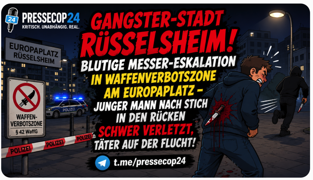 GANGSTER-STADT RÜSSELSHEIM! BLUTIGE MESSER-ESKALATION IN WAFFENVERBOTSZONE AM EUROPAPLATZ – JUNGER MANN NACH STICH IN DEN RÜCKEN SCHWER VERLETZT, TÄTER AUF DER FLUCHT!